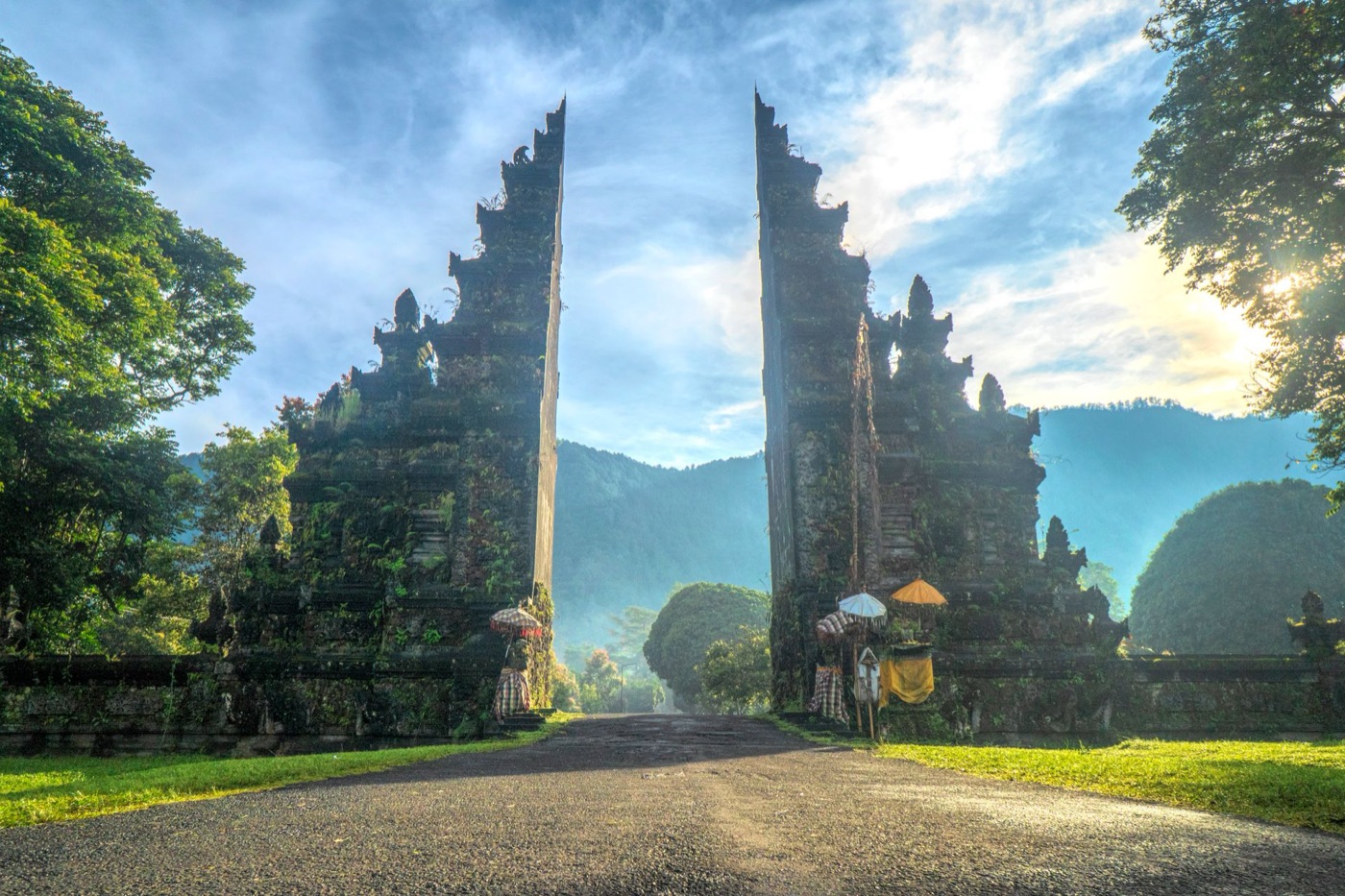 Sunset over Bali temple silhouette